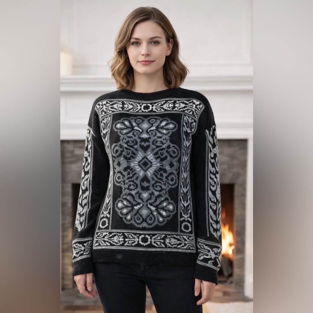 Marie-Chantal Paris Vintage Art Wear Tapestry Black Gray Knit Sweater Women’s M